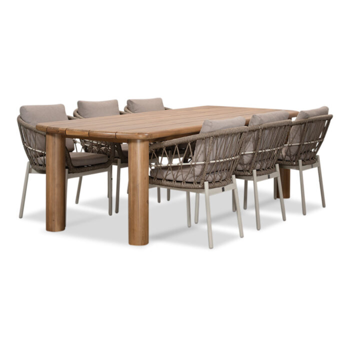 BUITEN living Laredo/Dakota beige/wit dining tuinset | 6 personen | hardhout + touw | 255cm – Zand