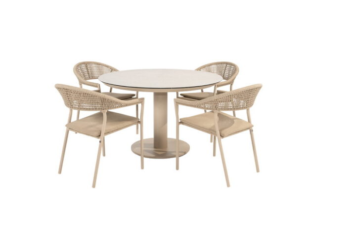 Taste Sienna diningset met Sarah tafel latte printed keramiek rond dia. 120 cm