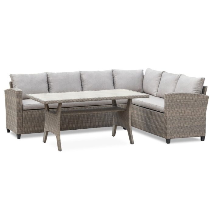 Denza Furniture Stockholm dining loungeset 6 personen | wicker | zand | 3-delig 245x169cm – Taupe – Naturel – Bruin