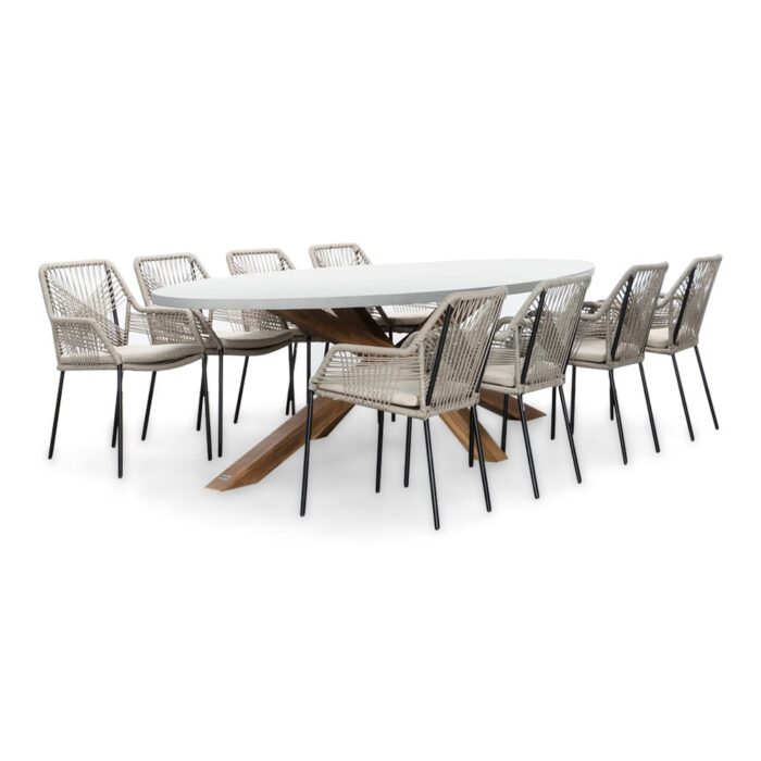 BUITEN living Livorno/Seville zand dining tuinset | 8 personen | betonlook + touw | 280cm ovaal – Light Teak, Betonlook