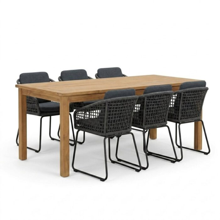 BUITEN living Singapore/Tulum Lava Grey dining tuinset | 6 personen | teakhout + touw | 200cm – Natural Teak