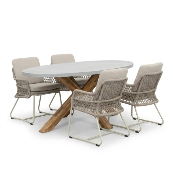 BUITEN living Livorno/Gianna Almond Beige dining tuinset | 4 personen | polystone + touw | 200cm