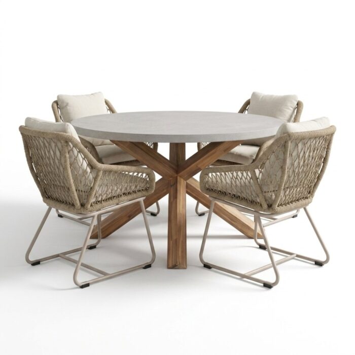 BUITEN living Nancy/Portofino Sandstone dining tuinset | 4 personen | polystone + touw | Ø135cm rond – Taupe – Naturel – Bruin, Beige