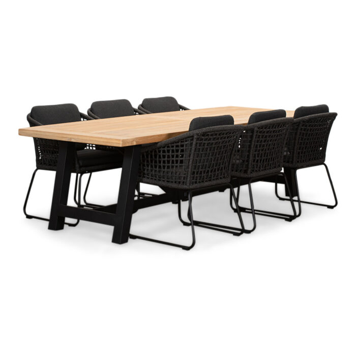 LUX outdoor living James/Tulum Lava Grey dining tuinset | 6 personen | teakhout + touw | 260cm – Grijs