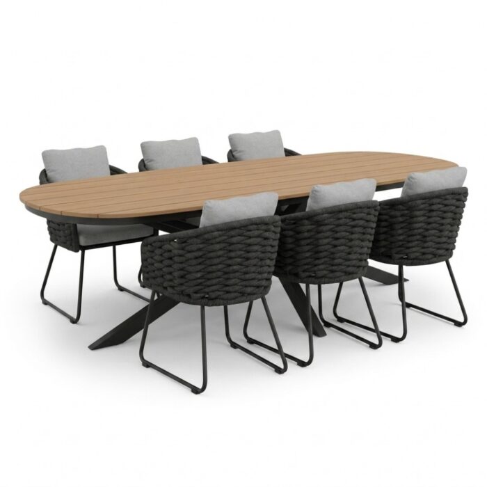 LUX outdoor living Texas antraciet/Flora Stone Grey dining tuinset | 6 personen | polywood + touw | 260cm