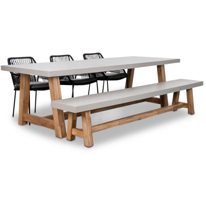 BUITEN living Veltis/Seville zwart stoel-bank dining tuinset | 6 personen | betonlook | 250cm – Betonlook, Zwart