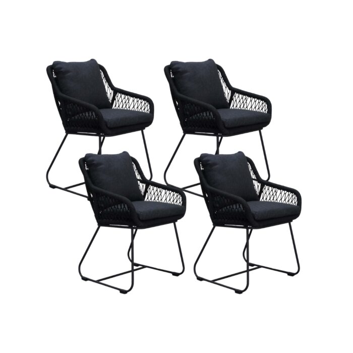 BUITEN living Portofino dining tuinstoel set van 4 | touw + RVS | zwart