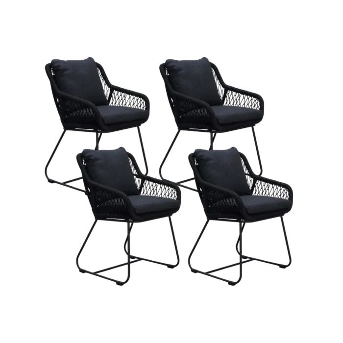 BUITEN living Portofino dining tuinstoel set van 4 | touw + RVS | zwart