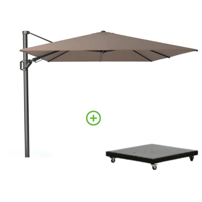 Platinum Challenger T² zweefparasol premium doek | 350x260cm met Monza parasolvoet 90kg | Havana – Taupe – Naturel – Bruin