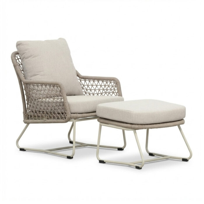 BUITEN living Gianna loungestoel tuin incl. voetenbank | touw + aluminium | Almond Beige