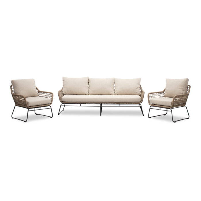 BUITEN living Valencia stoel-bank loungeset 5 personen | touw + aluminium | Sahara Dust | 3-delig – Taupe – Naturel – Bruin, Wit