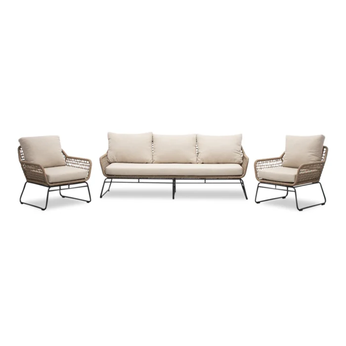 BUITEN living Valencia stoel-bank loungeset 5 personen | touw + aluminium | Sahara Dust | 3-delig - Taupe - Naturel - Bruin, Wit