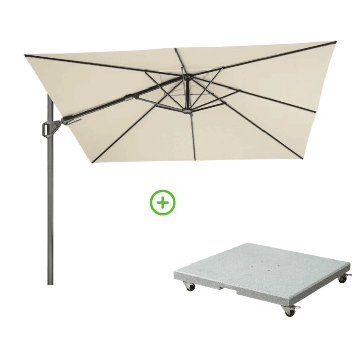 Platinum Challenger T² zweefparasol premium doek | 300x300cm met Rocca parasolvoet 90kg | Champagne – Taupe – Naturel – Bruin, Beige