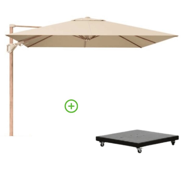 Platinum Challenger T² zweefparasol premium doek | 300x300cm met Monza parasolvoet 90kg | Champagne/Teak look – Taupe – Naturel – Bruin, Natural Teak