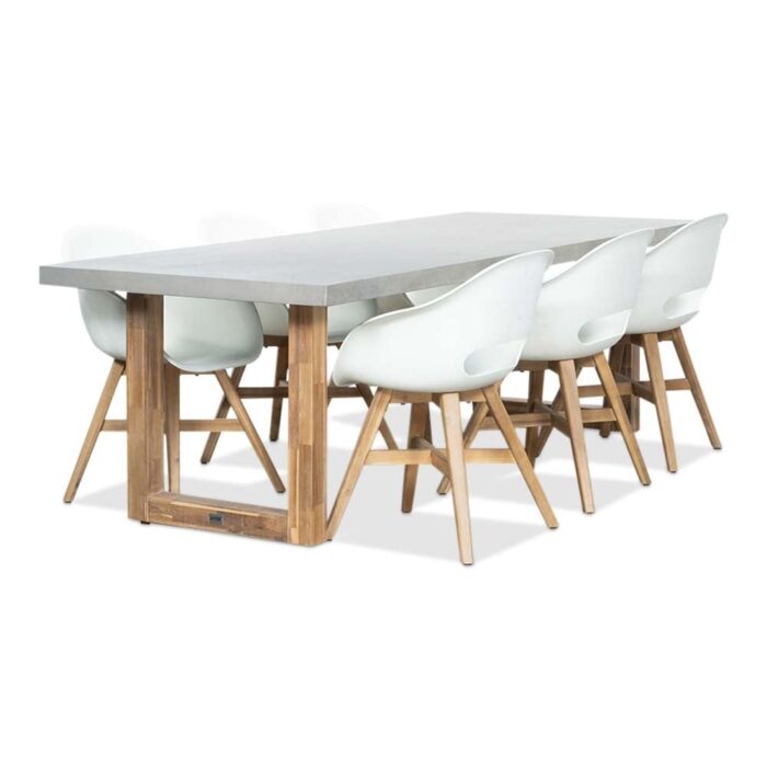 BUITEN living Lausanne/Karlstad wit dining tuinset | 6 personen | betonlook + kunststof | 250cm – Light Teak, Betonlook, Wit