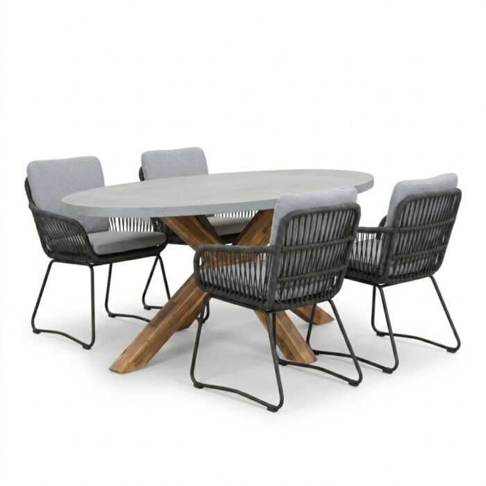 BUITEN living Livorno/Harper Stone Grey dining tuinset | 4 personen | polystone + touw | 200cm – Betonlook