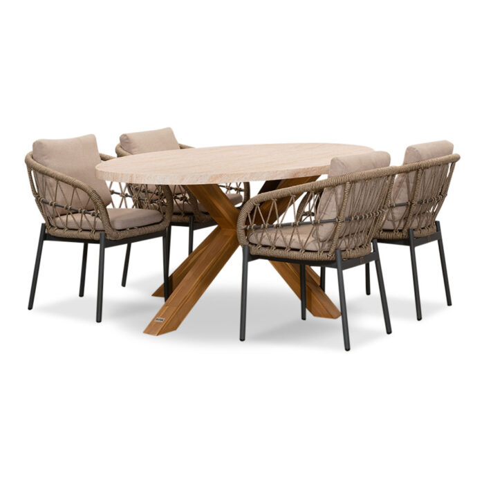 BUITEN living Lorento/Dakota beige/antraciet dining tuinset | 4 personen | travertin + touw | 200cm