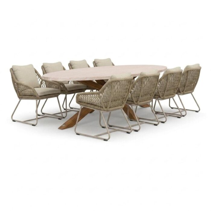 BUITEN living Lorento/Portofino Sandstone dining tuinset | 8 personen | polystone + touw | 280cm ovaal – Taupe – Naturel – Bruin, Beige