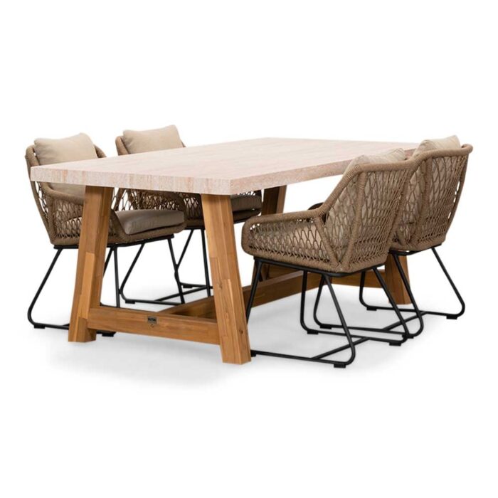 BUITEN living Velora/Portofino Sahara Dust dining tuinset | 4 personen | travertin + touw | 200cm – Zand