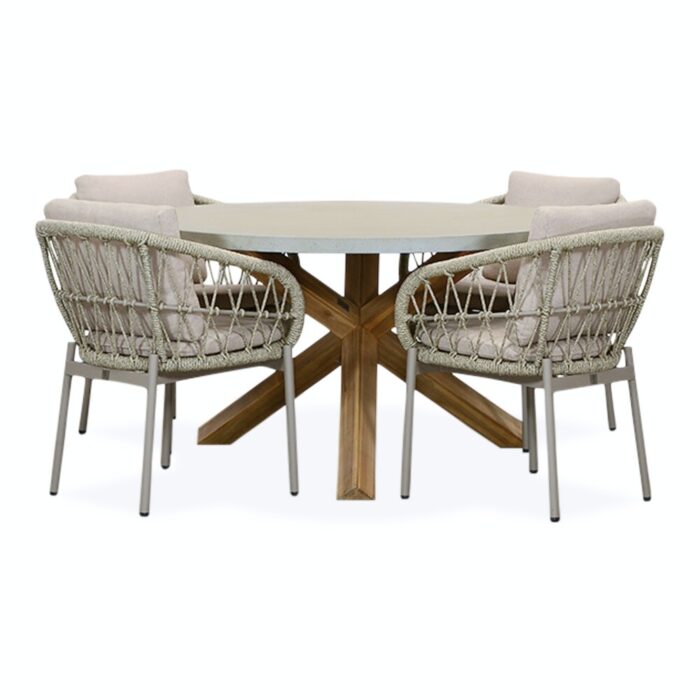 BUITEN living Nancy/Dakota beige dining tuinset | 4 personen | betonlook + touw | 135cm rond
