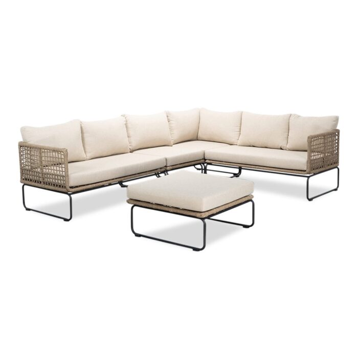 BUITEN living Tulum hoek loungeset met tussenmodule 6 personen | rvs + touw | Sahara Dust | 5-delig 261x211cm – Taupe – Naturel – Bruin