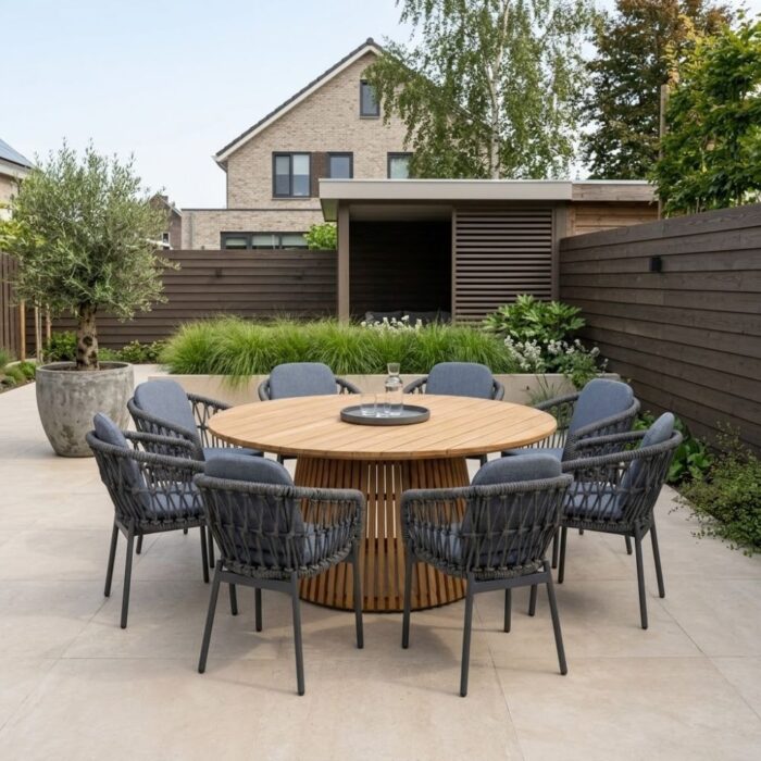 BUITEN living Palau/Femke antraciet dining tuinset | 8 personen | teakhout + touw | 180cm rond