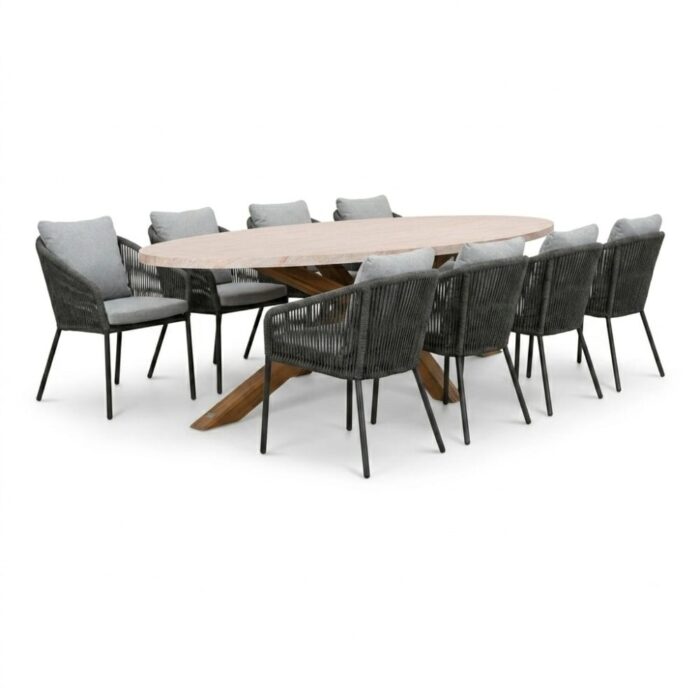 BUITEN living Lorento/Lexis Stone Grey dining tuinset | 8 personen | polystone + touw | 280cm – Travertin
