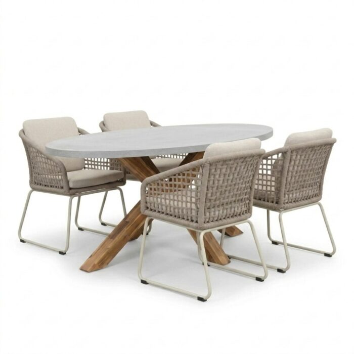 BUITEN living Livorno/Tulum Almond Beige dining tuinset | 4 personen | polystone + touw | 200cm
