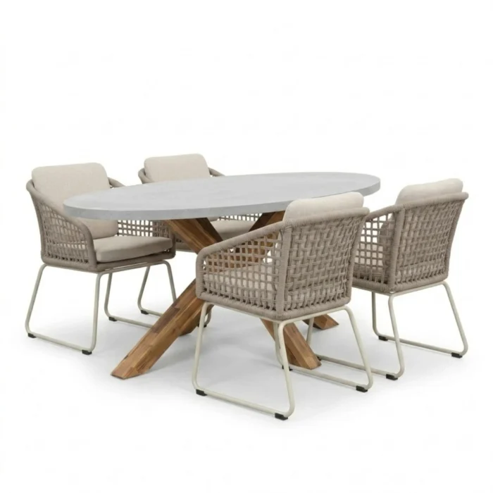BUITEN living Livorno/Tulum Almond Beige dining tuinset | 4 personen | polystone + touw | 200cm