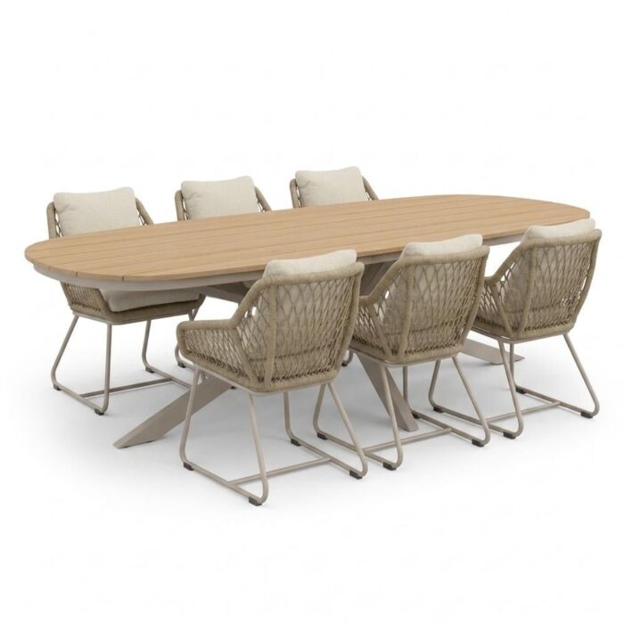 LUX outdoor living Texas/Portofino Sandstone dining tuinset | 6 personen | polywood + touw | 260cm Deens ovaal – Taupe – Naturel – Bruin, Beige
