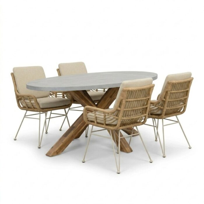 BUITEN living Livorno/Carlos beige dining tuinset | 4 personen | polystone + wicker | 200cm
