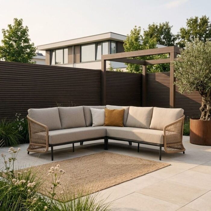 BUITEN living Vienna hoek loungeset 5 personen | wicker + aluminium | zand | 3-delig 223x223cm