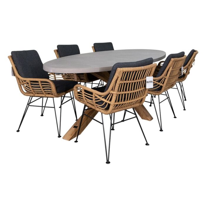 BUITEN living Livorno/Carlos dining tuinset | 6 personen | betonlook + hardhout | 240cm – Lichtgrijs, Taupe – Naturel – Bruin, Betonlook