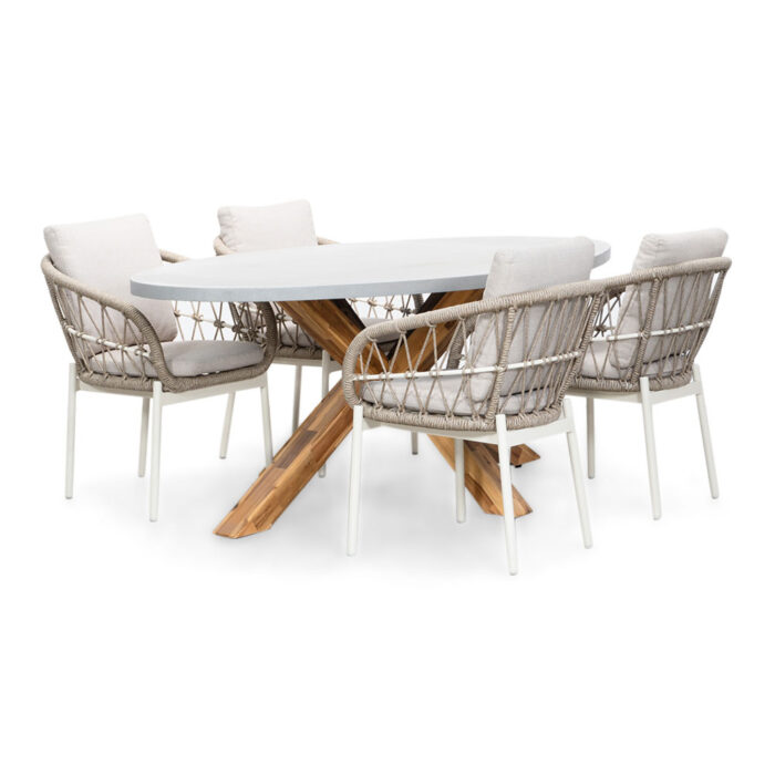 BUITEN living Livorno/Dakota beige/wit dining tuinset | 4 personen | betonlook + touw | 200cm ovaal – Taupe – Naturel – Bruin, Light Teak, Betonlook