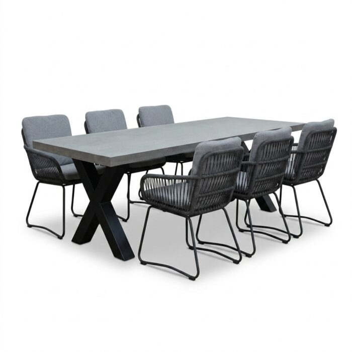 BUITEN living Lyon/Harper Stone Grey dining tuinset | 6 personen | polystone + touw | 250cm – Betonlook