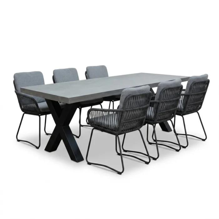 BUITEN living Lyon/Harper Stone Grey dining tuinset | 6 personen | polystone + touw | 250cm - Betonlook