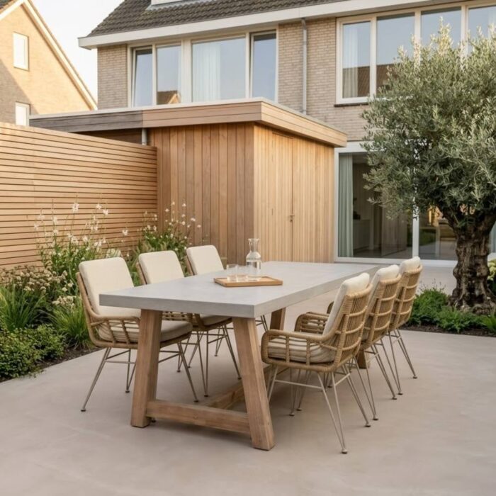 BUITEN living Veltis/Carlos bamboo beige dining tuinset | 6 personen | polystone + wicker | 250cm