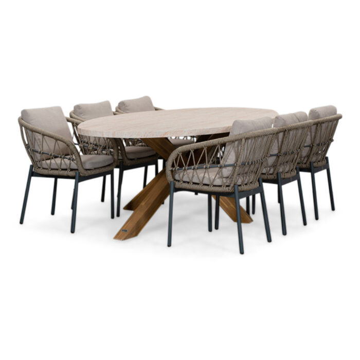 BUITEN living Lorento/Dakota beige/antraciet dining tuinset | 6 personen | travertin + touw | 240cm