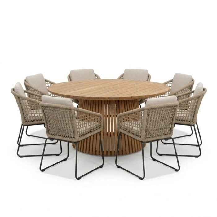 BUITEN living Palau/Tulum Sahara Dust dining tuinset | 8 personen | teakhout + touw | 180cm – Natural Teak