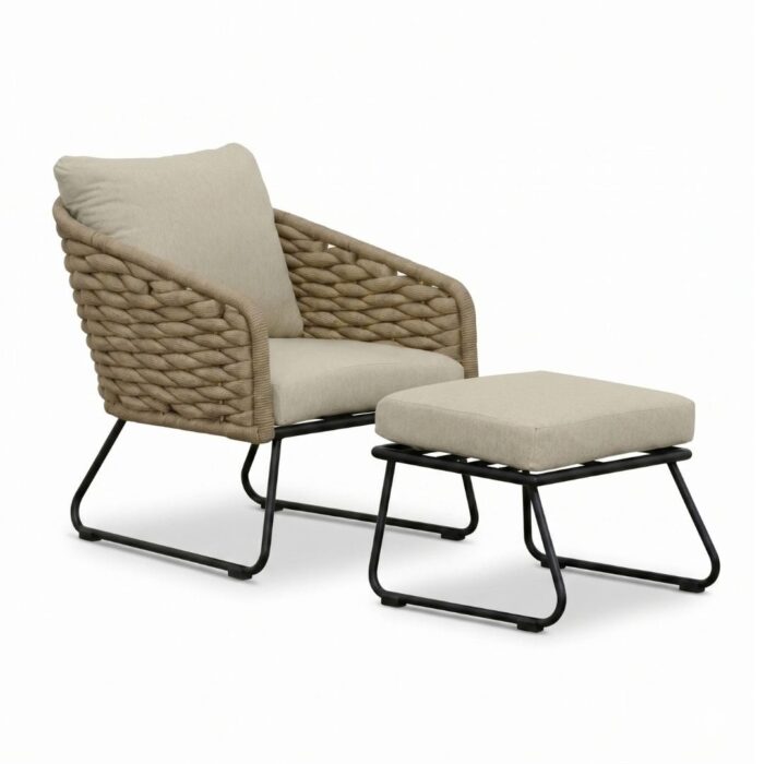 BUITEN living Flora loungestoel tuin met voetenbank | wicker + aluminium | Sahara Dust – Taupe – Naturel – Bruin, Beige