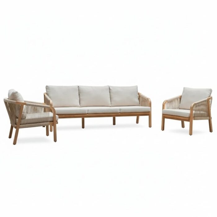 BUITEN living Bergamo stoel-bank loungeset 5 personen | touw + hardhout | zand | 3-delig – Taupe – Naturel – Bruin