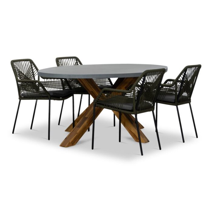 BUITEN living Livorno/Seville olijfgroen dining tuinset | 4 personen | betonlook + touw | 200cm ovaal – Light Teak, Olijfgroen, Betonlook