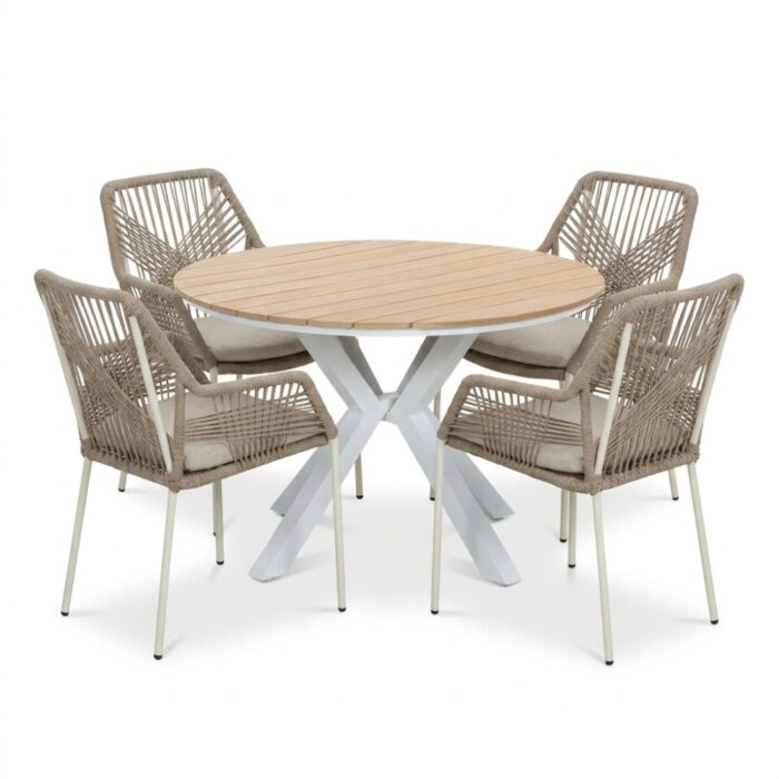 LUX outdoor living Calgary/Seville beige dining tuinset | 4 personen | polywood + touw | 120cm rond