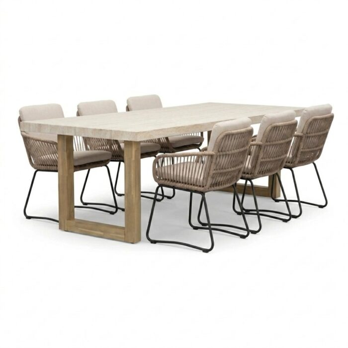BUITEN living Laurenne/Harper Sahara Dust dining tuinset | 6 personen | polystone + touw | 250cm – Travertin