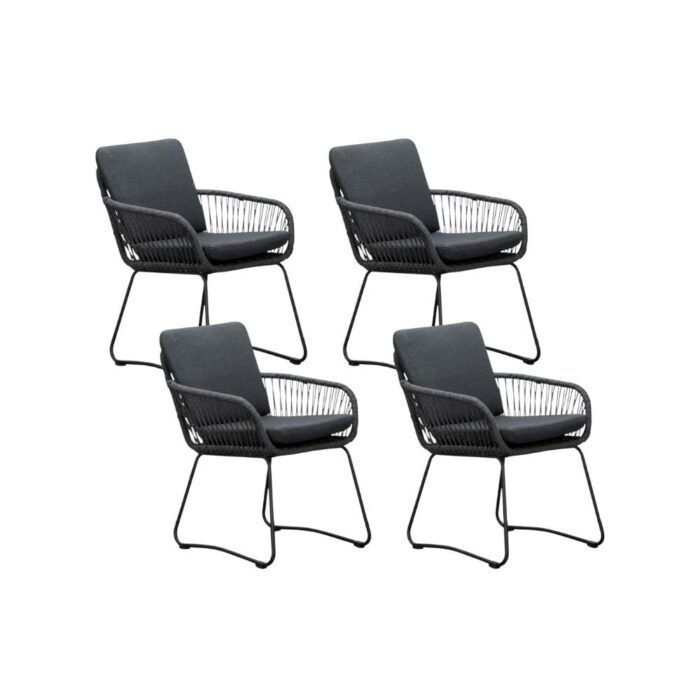 BUITEN living Harper dining tuinstoel set van 4 | touw + rvs | Lava Grey – Antraciet