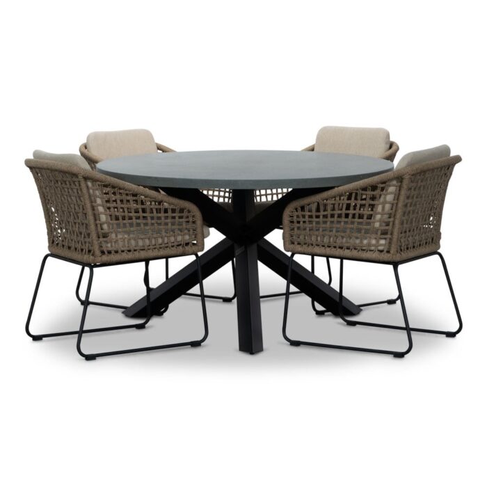 BUITEN living Meran/Tulum Sahara Dust dining tuinset | 4 personen | betonlook + touw | 135cm rond – Zand