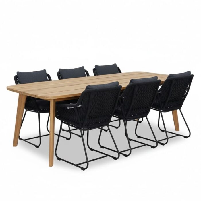 BUITEN living Rixos/Portofino zwart dining tuinset | 6 personen | hardhout + touw | 220cm – Light Teak, Zwart