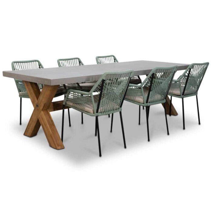 BUITEN living Norwich/Seville mint dining tuinset | 6 personen | betonlook + touw | 250cm – Betonlook, Groen