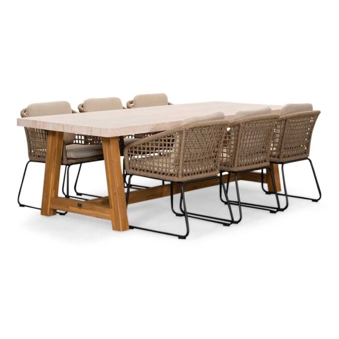 BUITEN living Velora/Tulum Sahara Dust dining tuinset | 6 personen | travertin + touw | 250cm – Zand