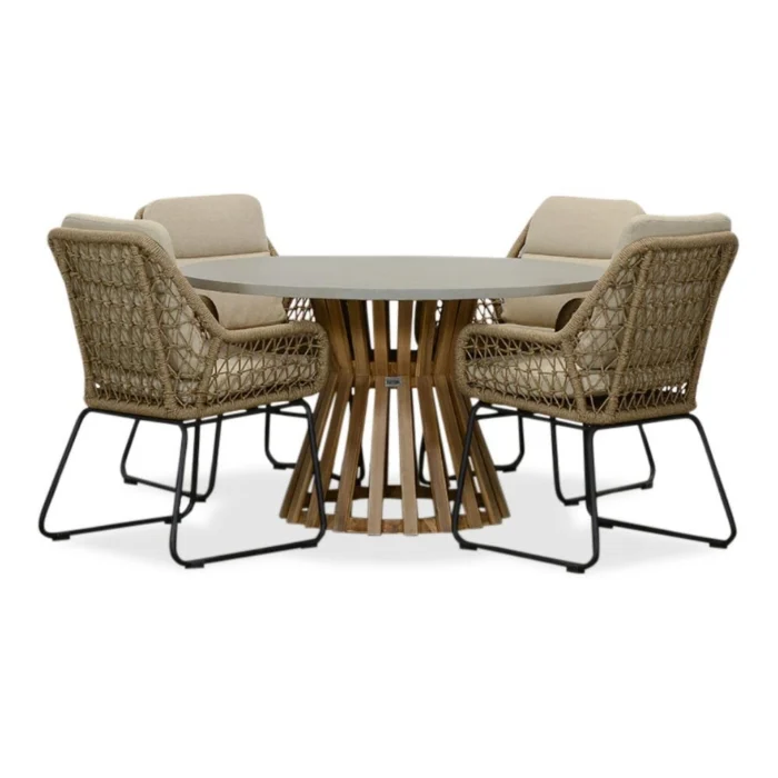 BUITEN living Elzas/Valencia Sahara Dust dining tuinset | 4 personen | betonlook + touw | 135cm rond - Zand